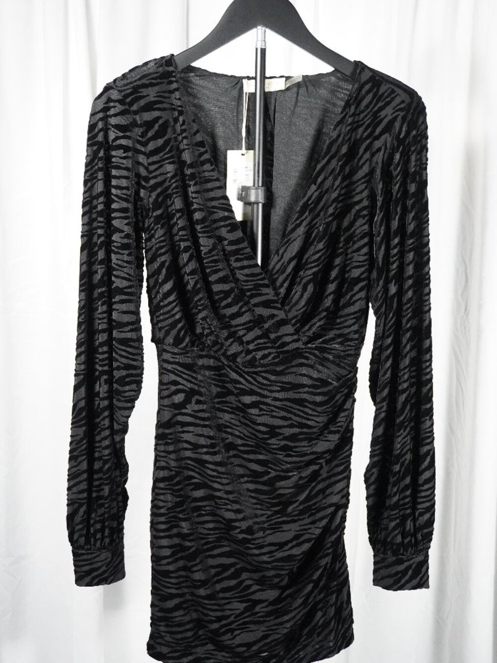 Ramy Brook Kalani Dress Black Zebra Velvet Burnout Mini Dress XXS Long Sleeve
